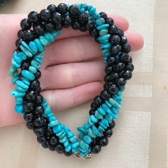 14k Turquoise Black Jet Bracelet Necklace Set - Picture 6 of 12